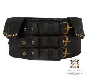 „Chimir tradițional românesc din piele neagră, cusături artizanale și catarame metalice – accesoriu autentic pentru portul popular.”