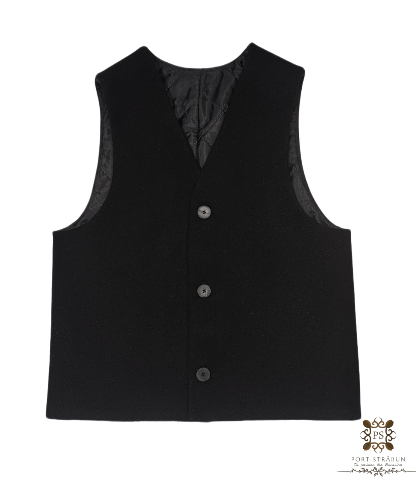 „Vestă tradițională Viorel din postav, realizată manual, inspirată din portul popular românesc, cu cusături autentice și design elegant.”